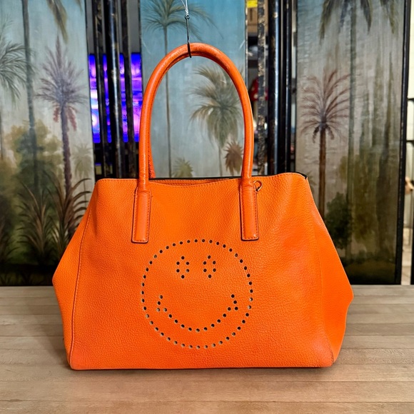 Anya Hindmarch Handbags - Anya Hindmarch Neon Orange Leather Featherweight Smiley Face Ebury Tote Bag